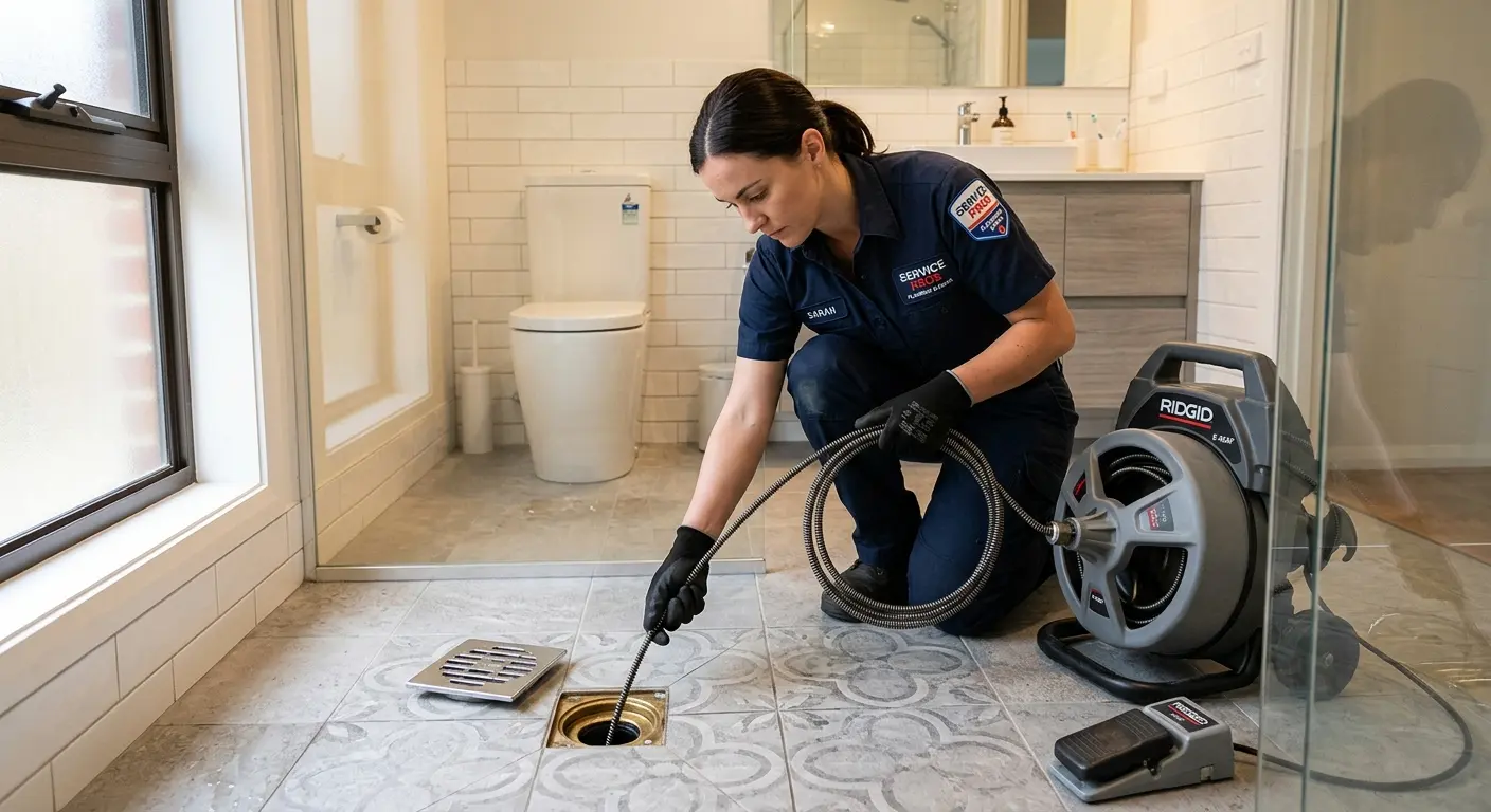 Technician clearing a bathroom floor drain for Sewer Line Installation in Starke